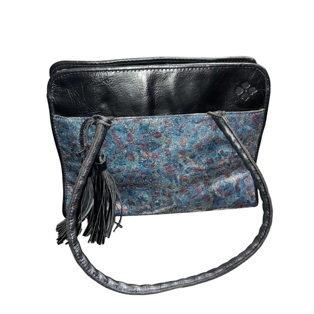 Patricia Nash Leather Shoulder Bag Metallic Blue Kimono Tapestry Tassel Artsy
